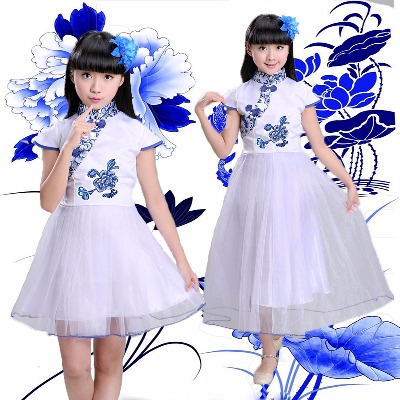 儿童青花瓷连衣裙女童夏中国风中小学生表演汉服儿童青花瓷合唱服