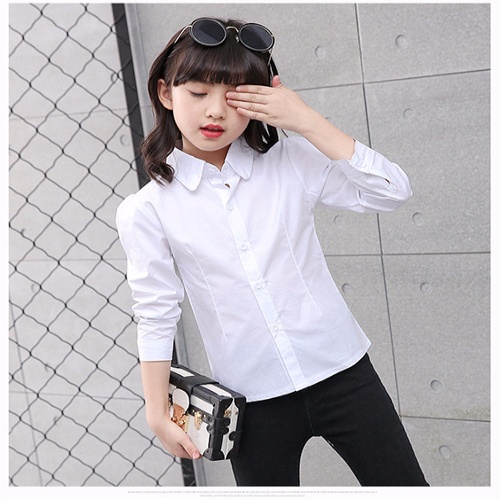 Girls White Shirt Cotton Slim Long-sleeved Shirt Big Boy Korean Style Pointed Collar Round Neck Top