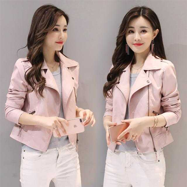2020 pink Pu small coat new spring and autumn Leather Jacket Women Short Korean version slim Motorcycle Leather Jacket Large coat