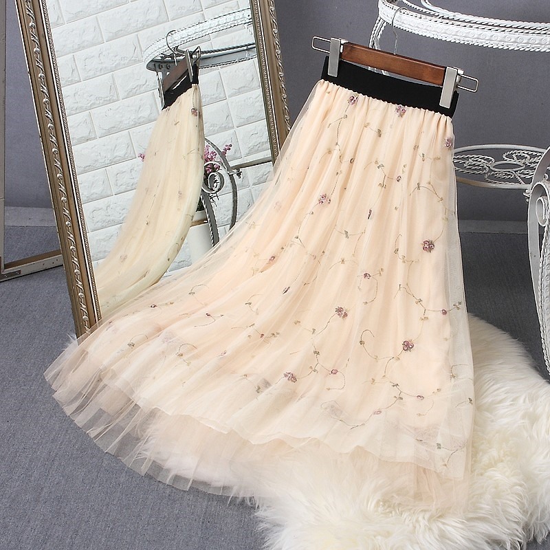 Embroidered mesh skirt women's new spring and summer mid length lace small fragmentary embroidered fluffy skirt